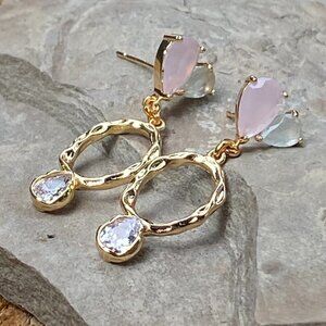 Plated Hammered Gold with Cubic Zircon Stone Stud Earrings